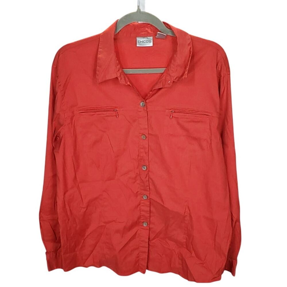 Chicos Coral Zip Pocket Button Up Shirt Long Sleeve 2